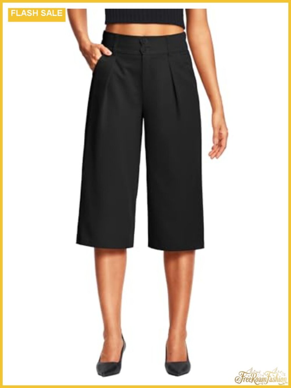 Womens Wide Leg Capri Pants High Waisted Pleated Casual Work
